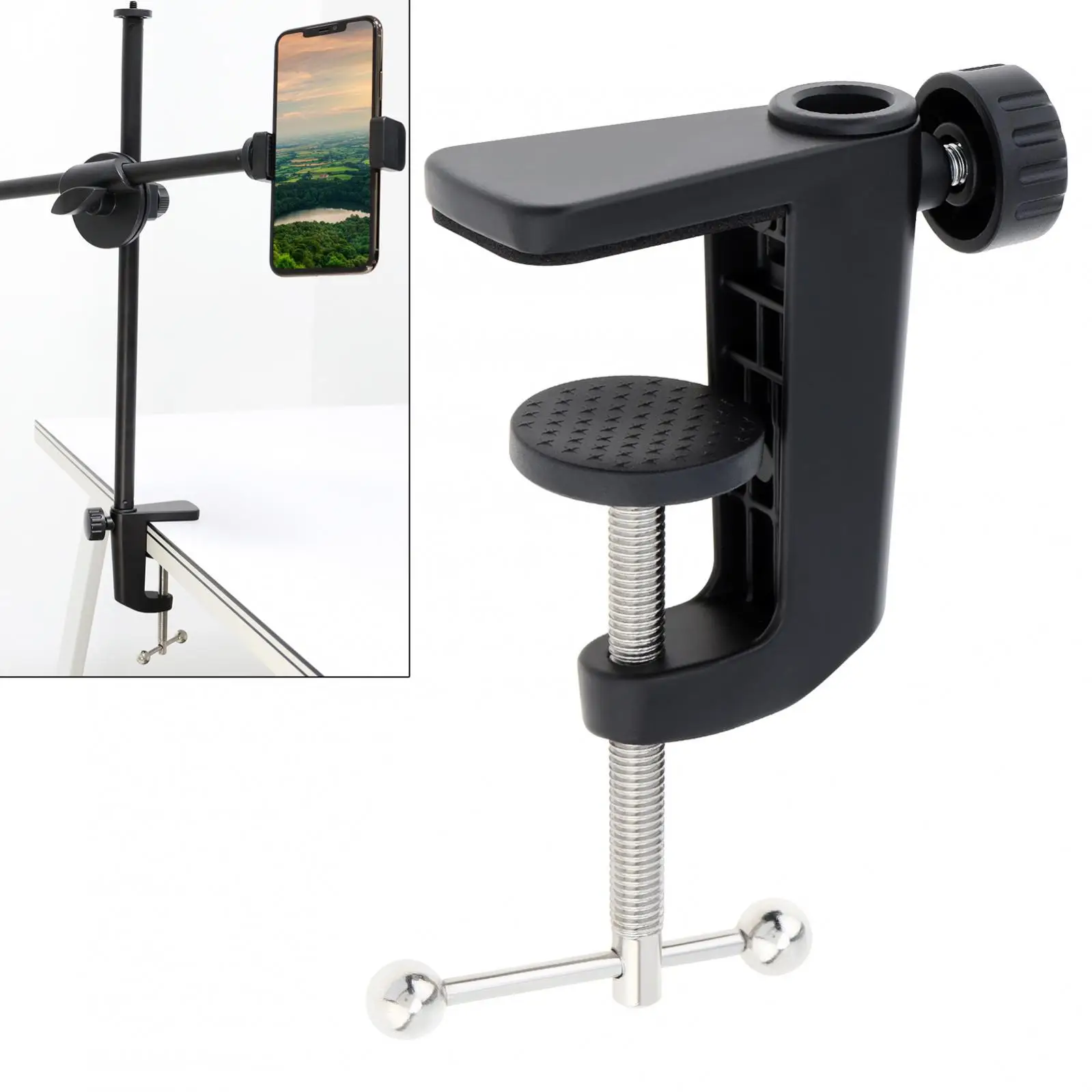 Morsetto da tavolo per carichi pesanti 2 in 1 Morsetto da scrivania in metallo Supporto per morsetto per microfono per braccio a forbice con braccio a sospensione per microfono/Lampada da scrivania