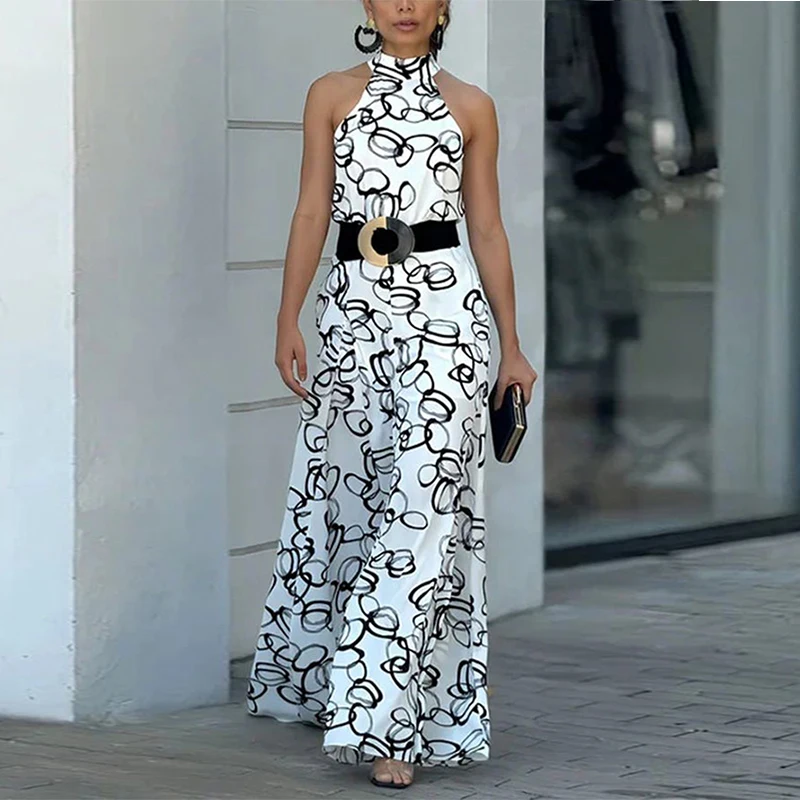 

Женский летний цельный комбинезон контрастного цвета, 2026, элегантный комбинезон с абстрактным принтом и эластичным поясом, без пояса для городских женщин