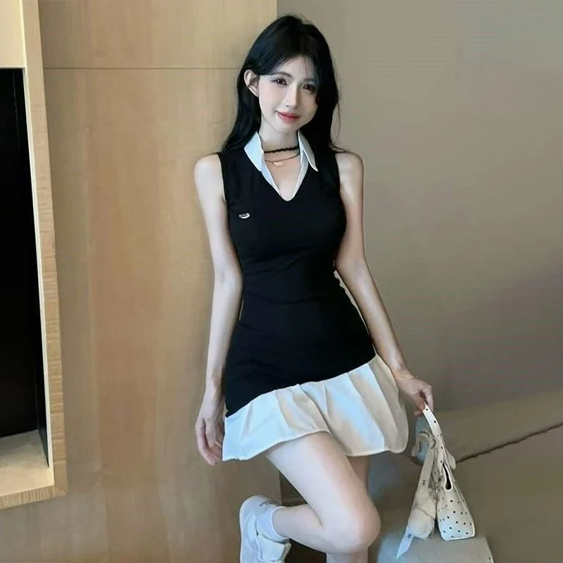 

Женские платья, летние короткие платья, имитация двухсекционного дизайна, платье-рубашка, платье контрастного цвета с вышивкой для женщин