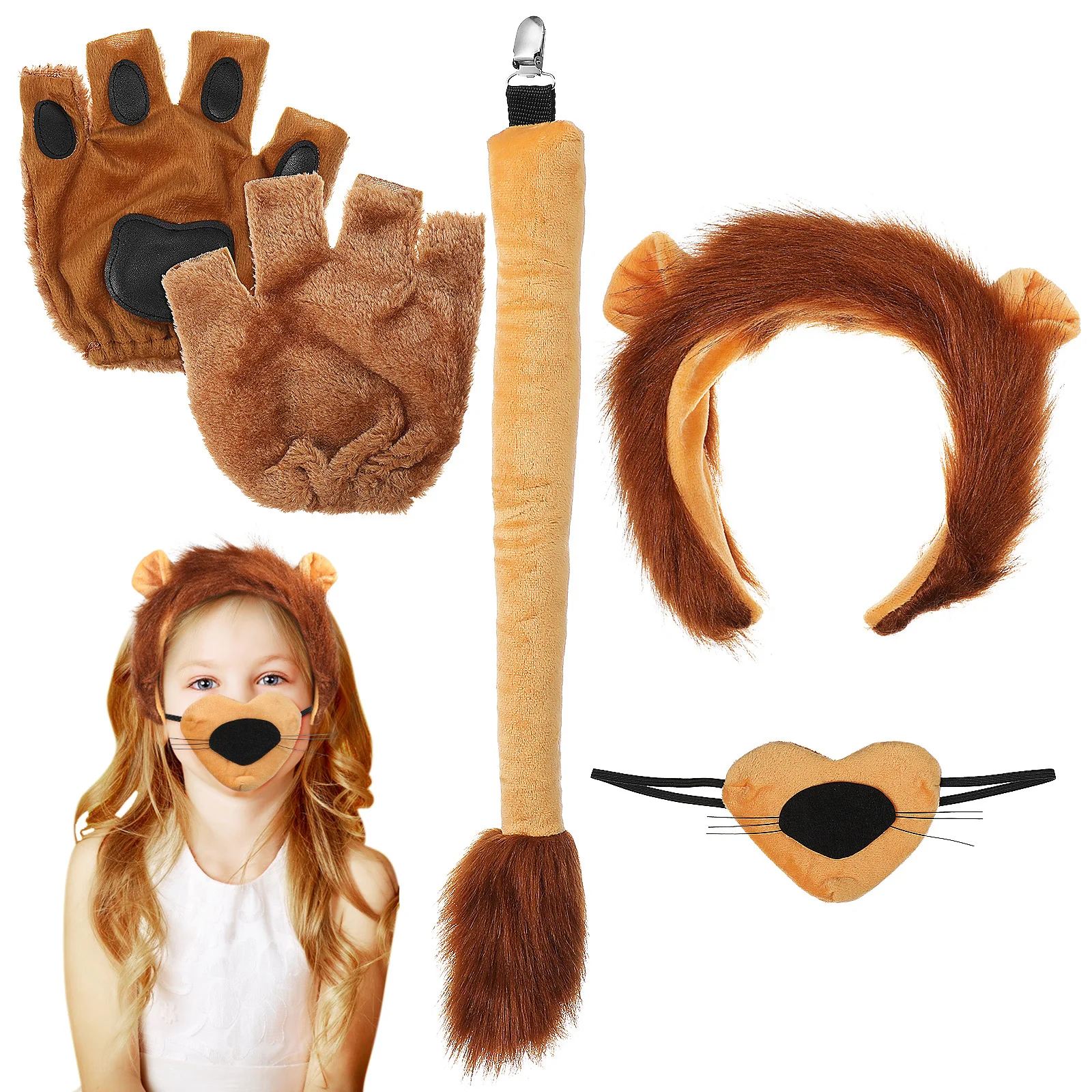 1Set Leeuw Cosplay Hoofddeksel Oren Neus Staart Handschoenen Veelzijdig Gebruik voor Dierenkostuum Partijen Halloween Theatrale Optredens