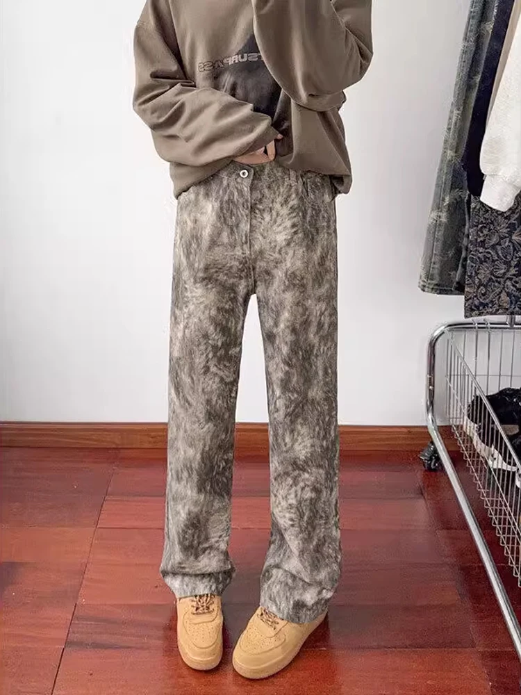 

American Retro Tie Dye Straight Leg Men's Jeans Slimming Sli Bell Bot High Street Vibe Autumn Winter Cotton Denim