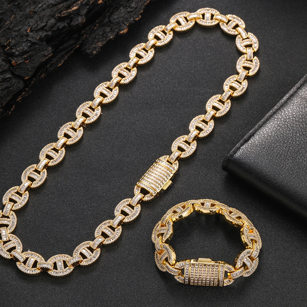 

Iced Out 5A Zircon T Square Coffee Bean Pig Nose Bracelet Men & Women Silver Gold Color Cuban Chain Hip-Hop Jewelry