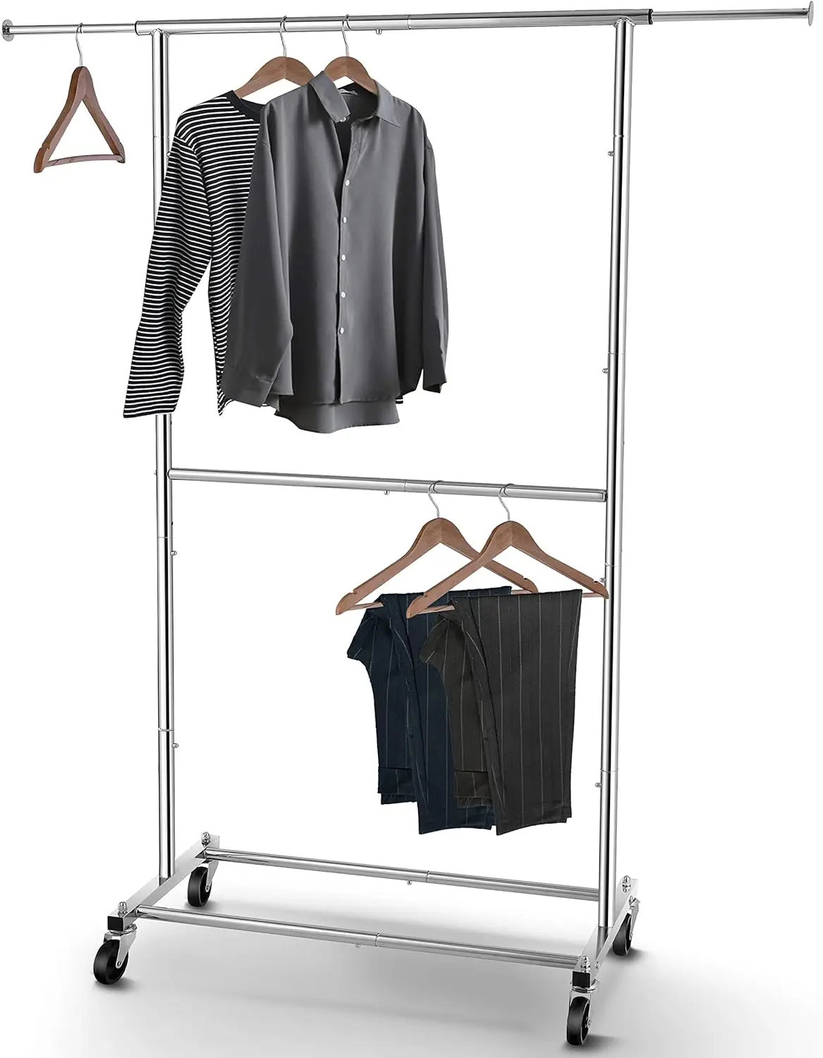 

Double Rod Clothing Garment Rack, Rolling Clothes Organizer on Wheels for Hanging Clothes, Chrome