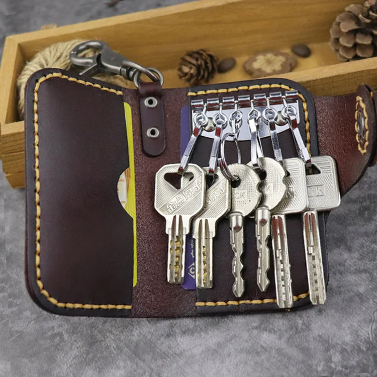 Handmade prawdziwej skóry skórzany na klucze portfel z uchwytem pokrowiec na karty Vintage z kluczem pierścień breloczek — zdjęcie 3