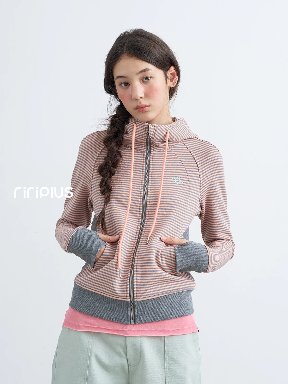 Riverstone plus Women's Hoodie Sweatshirt American Casual Vintage Striped Stand Collar Jacket Autumn New Style Cotton Polyester