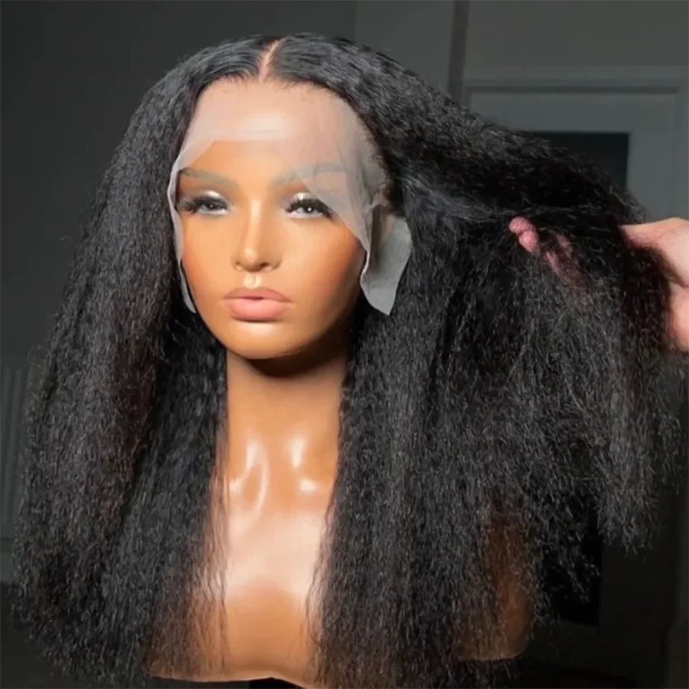 

Yaki 26 inch Soft black 180 Density Kinky straight Lace Front Wig For Women With Baby Hair Synthetic Preplucked Glueless Daily