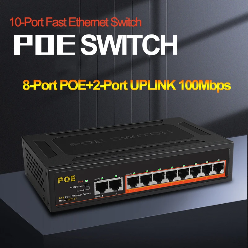 POE Switch 10 Ports 100Mbps Ethernet Switch with VLAN Network Splitter Smart Switch POE 90W 250M For IP Camera Wireless AP