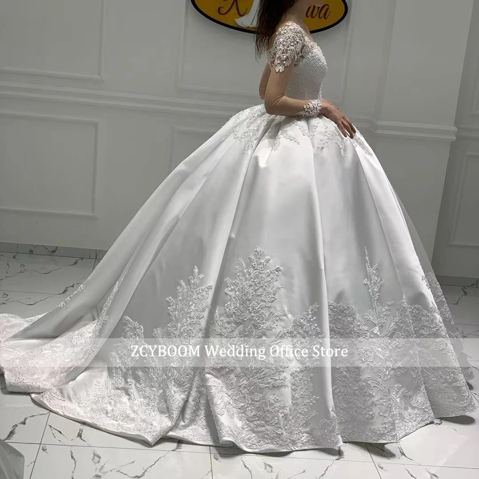 Personalizado vestido de baile de cetim mangas compridas vestido de casamento 2024 princesa rendas apliques pérola frisado vestido de noiva novia