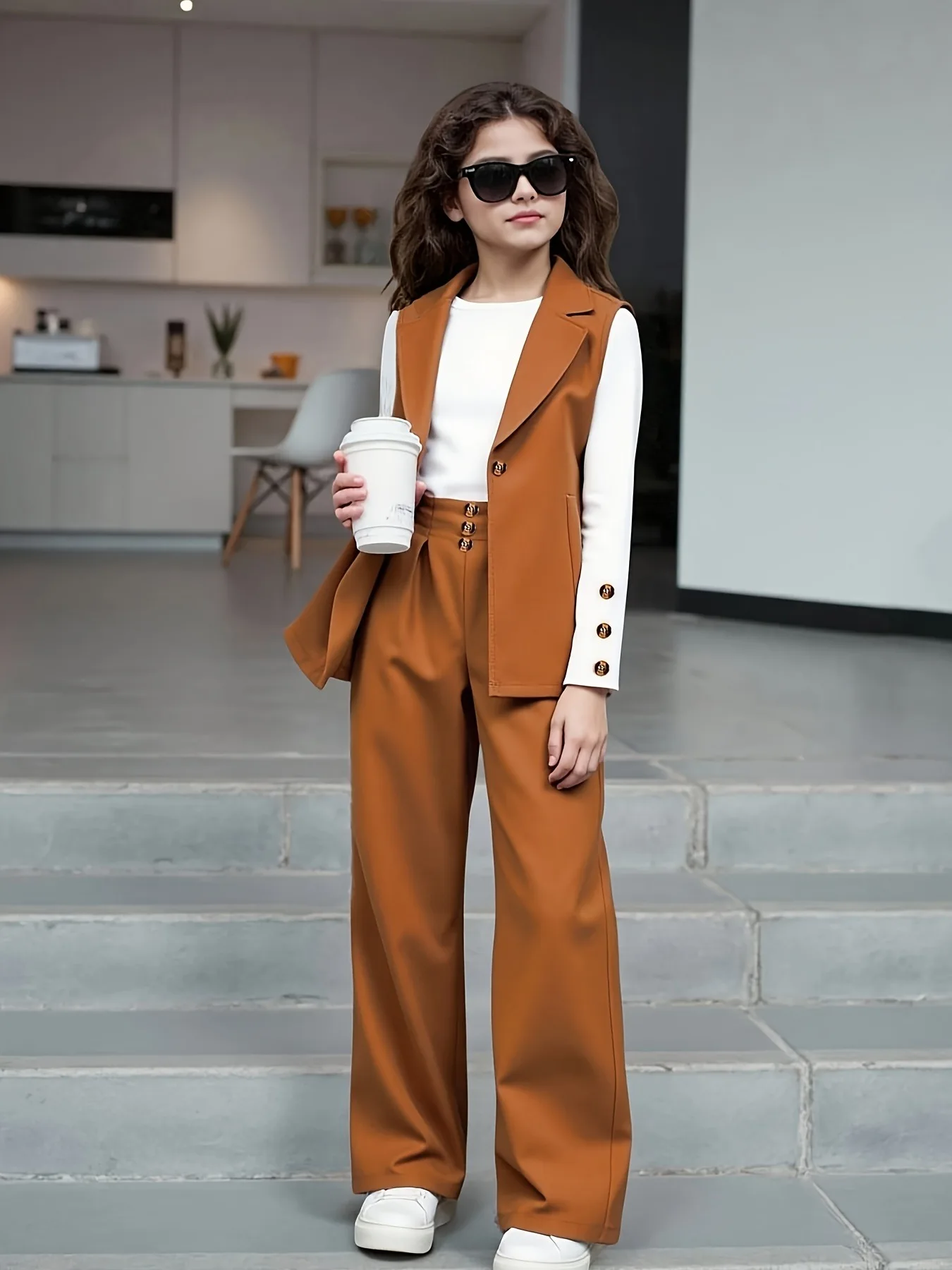 Trendy Girls 3‑Pcs Formal Outfit Lapel Sleeveless Blazer Vest Long Sleeve Top Wide Leg Pants For Birthday Party School Event Dai