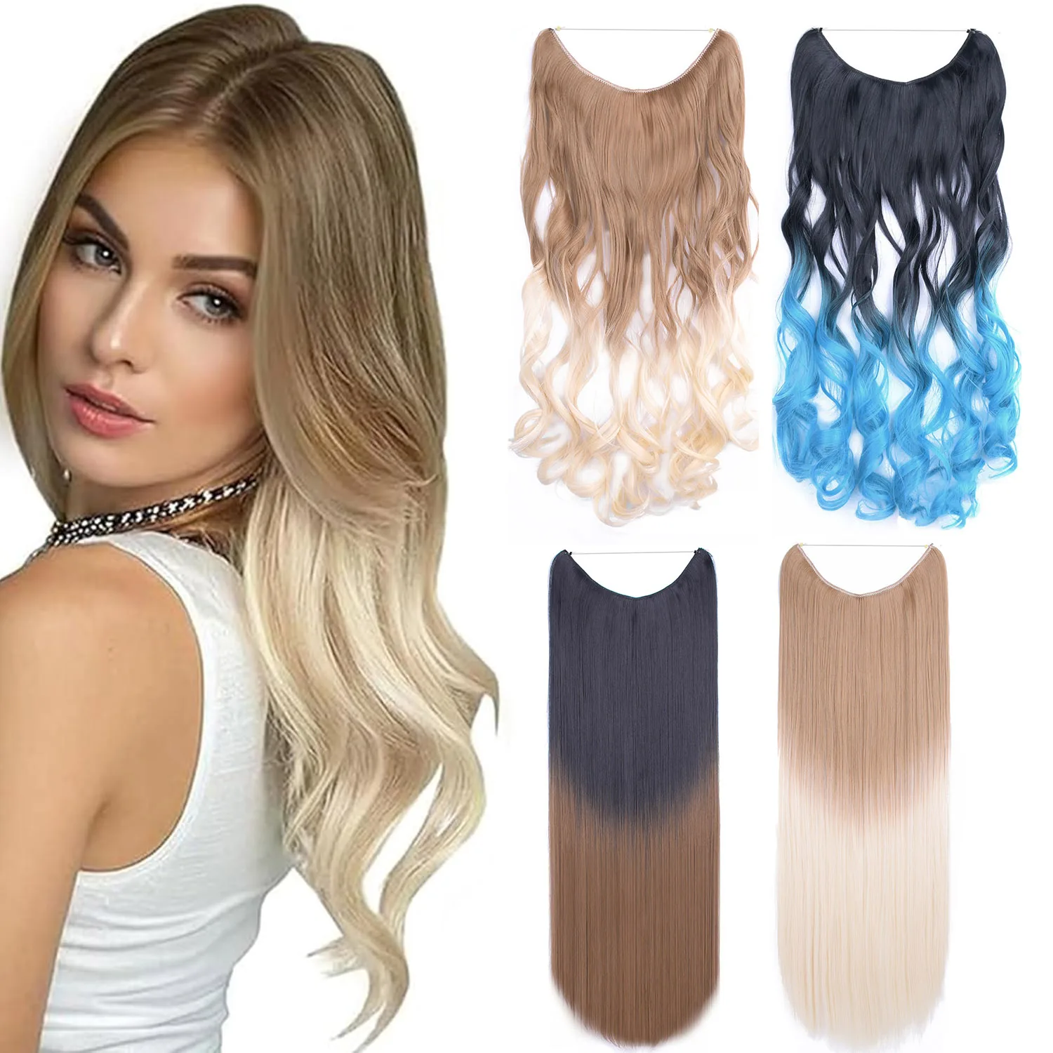 Jeedou Invisible Hair Extension Multi Color Ombre Wire One Piece Straight Wavy Synthetic Heat Resistant Hairpiece for Women