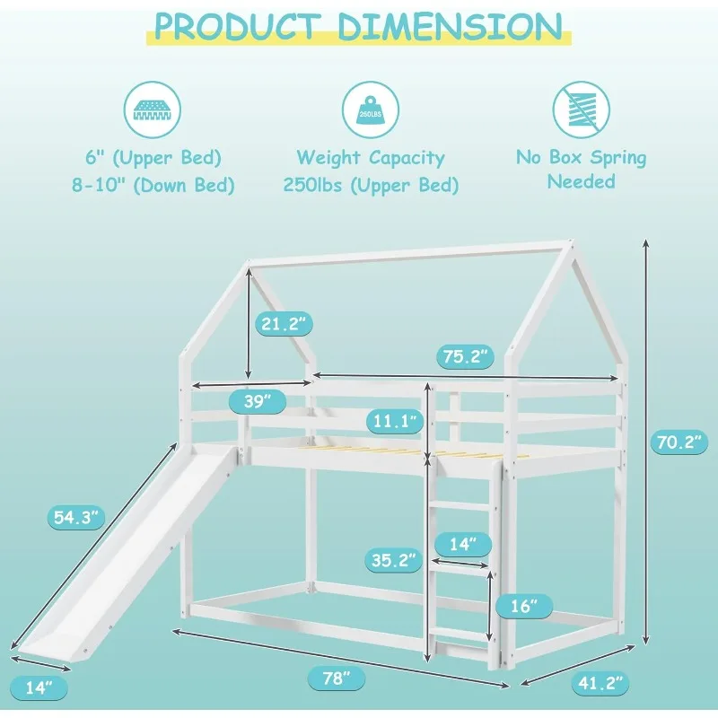 House Bunk Bed with Convertible Slide and Ladder Floor Bunk Bed Twin Over Twin with Safety Guardrail Bunk Bed with Roof