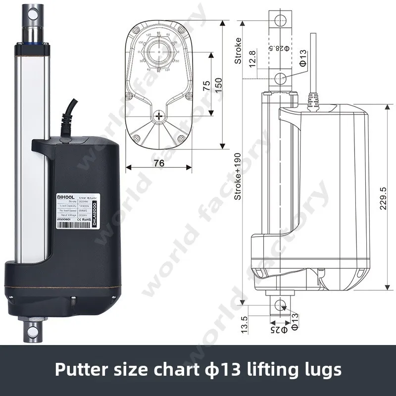 12000 Nm thrust, motor electric push rod 1200KG linear actuator, electric lift extension