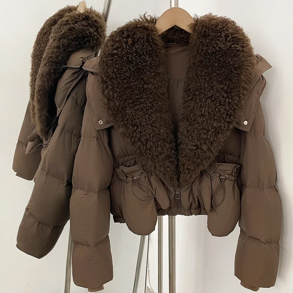 OFTBUY Neue Kapuzen-Winterjacke für Damen mit Echtem Lammfell, Entendaunen, Kurzer Echtfell-Puffermantel mit Abnehmbaren Handschuhen – Detail 17