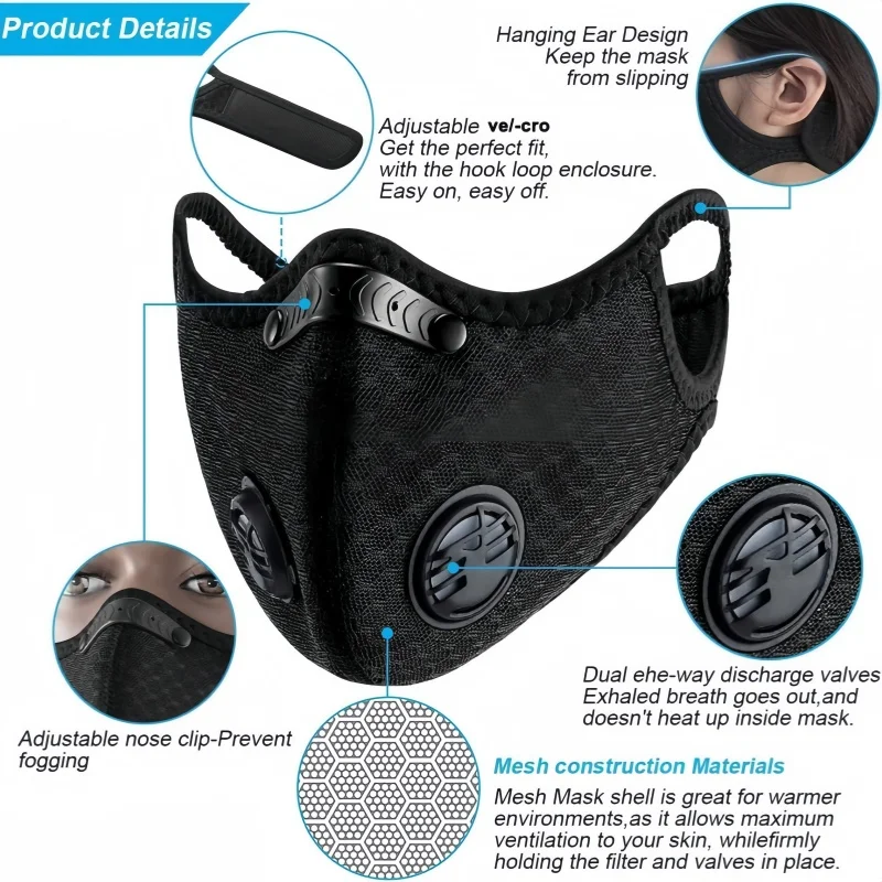 Cycling Sport Mask Adjustable Dust Sport Mask With Exhalation Valves Activated Carbon Filter Mask Outdoor Sports Training Mask