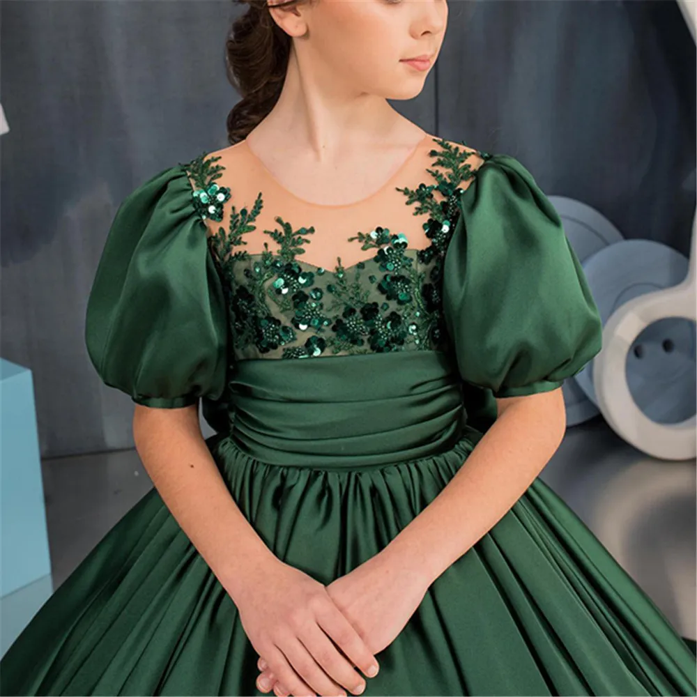 Puffy Green Flower Girl Dress Pretty Girl Dress Princess Dress First Communion Dress Cap Sleeve Girl Wedding Party Dress