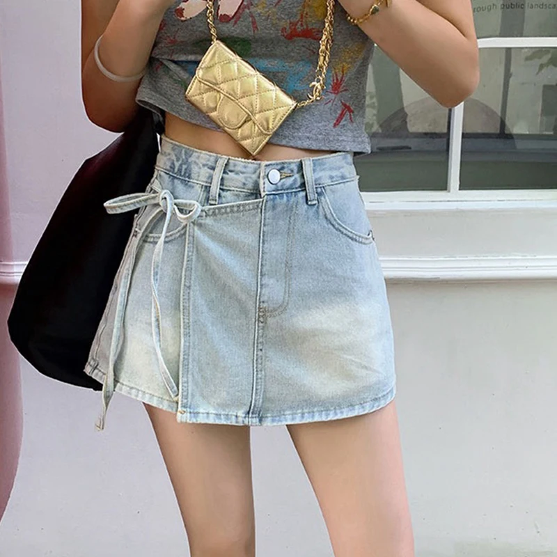 Summer Irregular Mini Shorts Skirt Women 2025 Korean Lace Up High Waist Shorts Woman Chic Streetwear A Line Denim Skirt Female