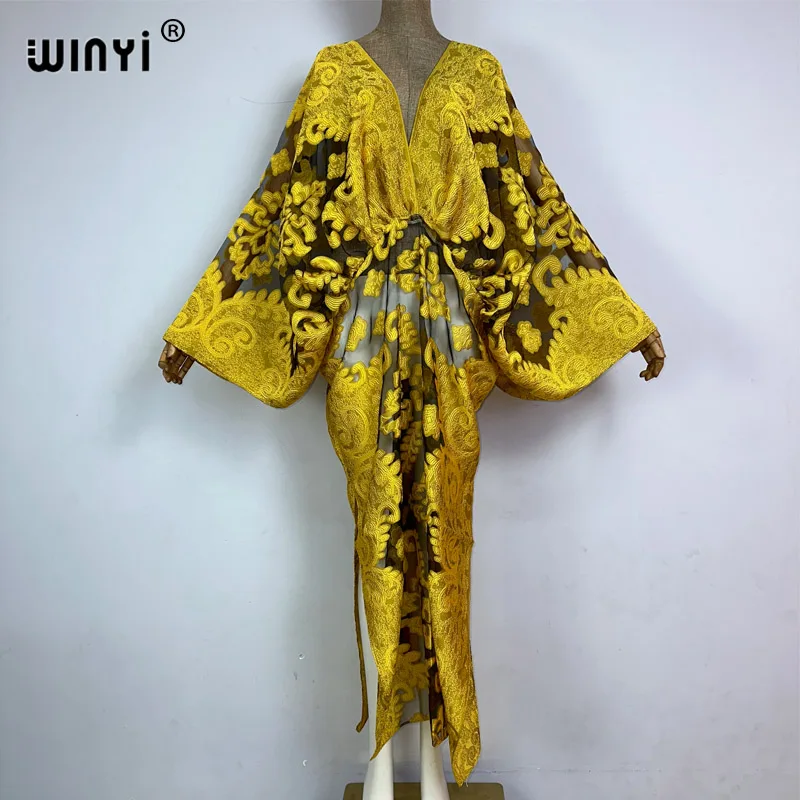 WINYI summer High fork sexy Perspective dress boho print dress Women kaftan Bohemia Africa kaftan beach Cover Up vestidos