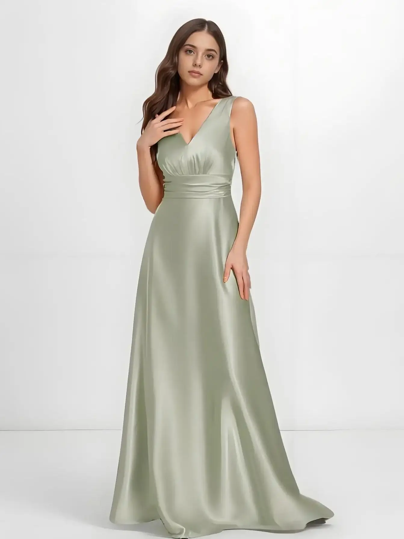 

Beshinel Customized Green Stain Deep V Neck Evening Dresses Elegant Sleeveless Wedding Party Bridesmaid Dress Vestidos De Fiesta