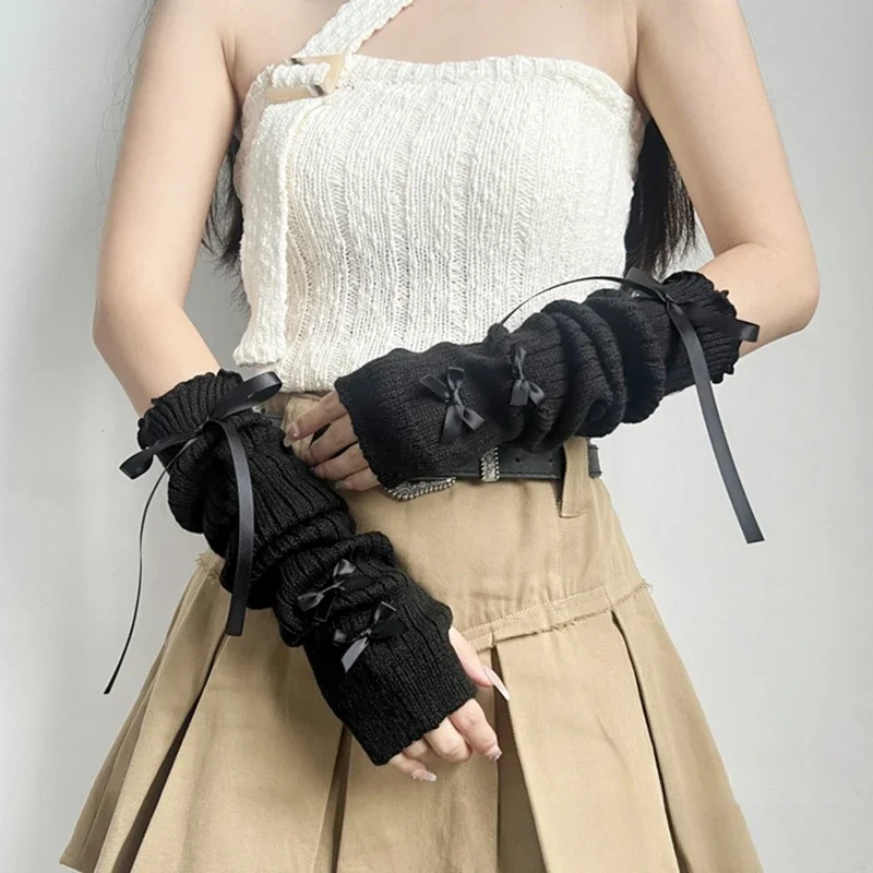 أنثى Y2K موضة الشرير مدفئات للذراع Bowknot لينة قفازات محبوكة النساء فتاة نصف اصبع القفازات بلون رشاقته أكمام أذرع تبريد
