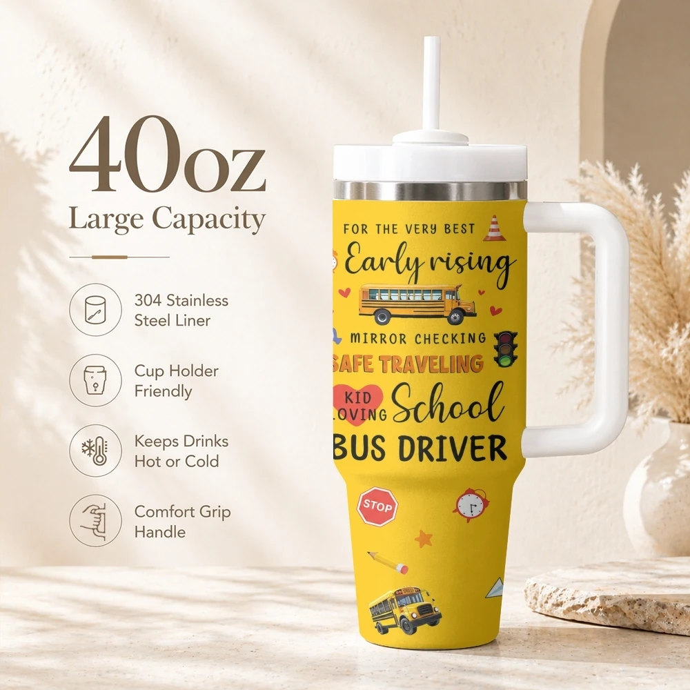School Bus Driver Vacuum Flasks 40oz Portable Stainless Steel Tumbler with Handle Straw Double Wall Insulated Leakproof Mug