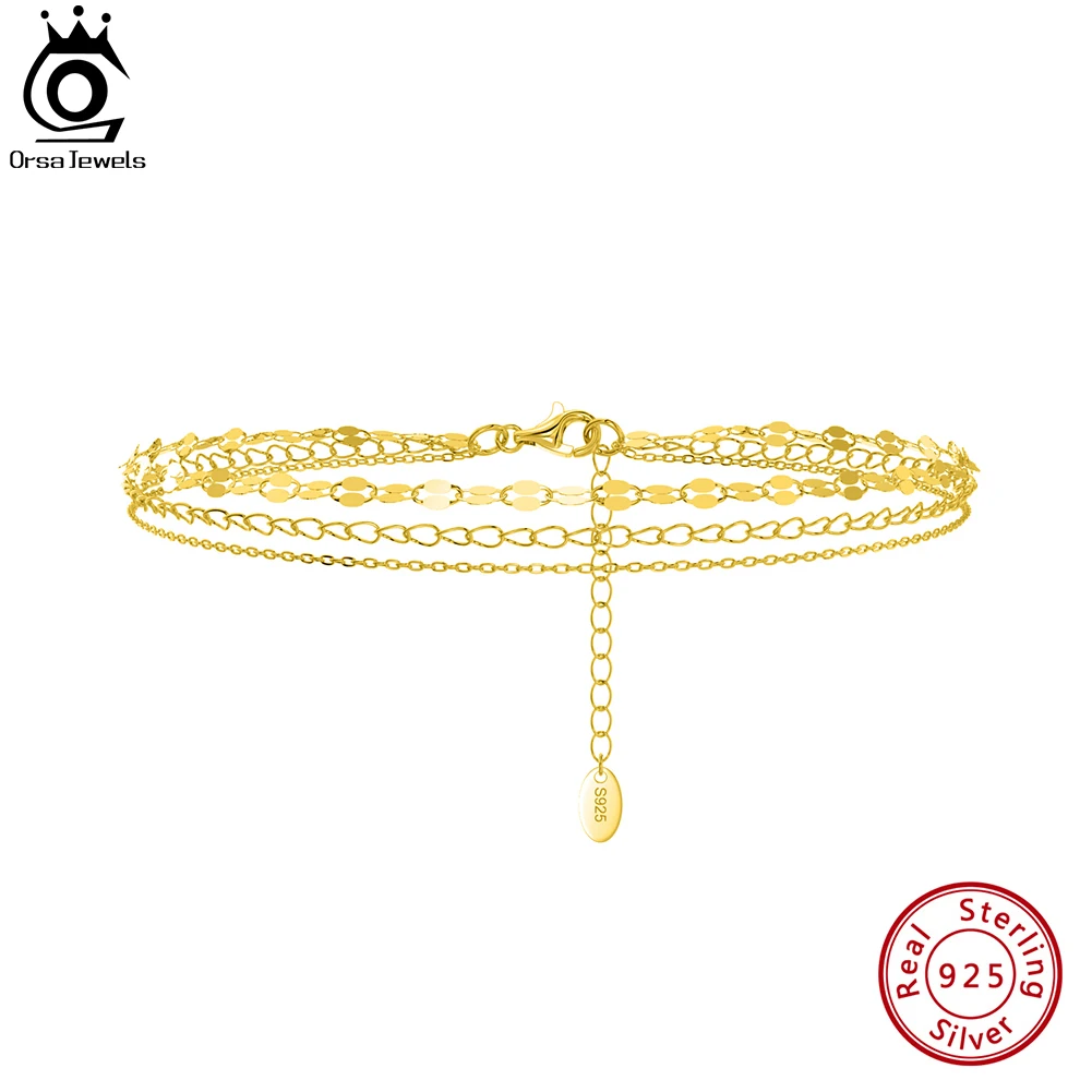 ORSA JEWELS 14K Gold Plated Three Layered Chain Anklet Genuine 925 Sterling Silver Foot Bracelet Ankle Straps O Chain Gift OSA58