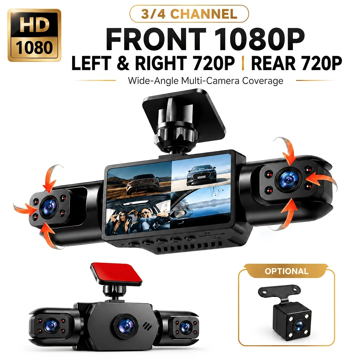 1080P FHD 3/4‑Channel Dash Cam, Quad‑Lens Recording, 24H Parking Surveillance, Enhanced Night Vision, G‑Sensor Collision Lock