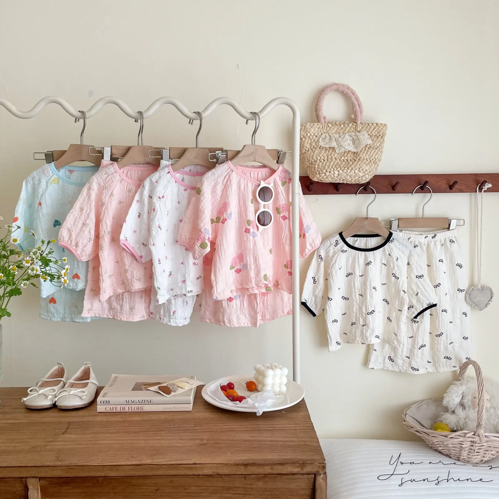 New children's cotton yarn loungewear set spring autumn thin cute floral pajamas male and female baby air-conditioning clothes