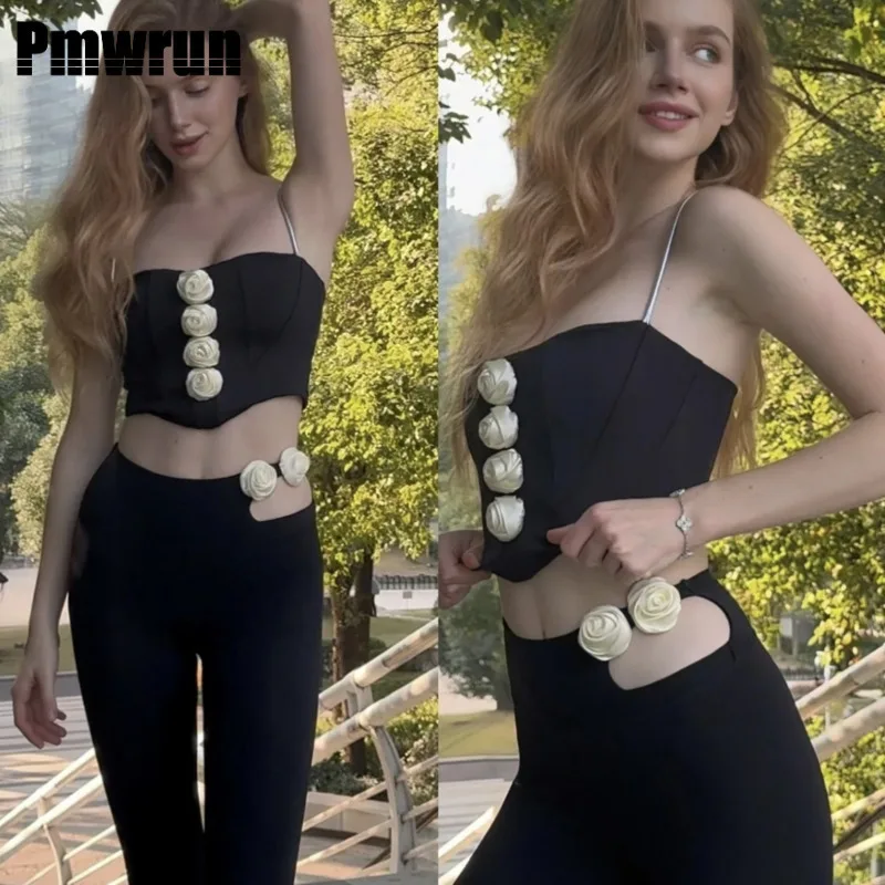 

PMWRUIN 2-х предметный комплект для йоги для женщин, 3D розовый топ-спагетти и леггинсы с вырезами, эластичный наряд для фитнеса и тренировок для тренажерного зала, йоги