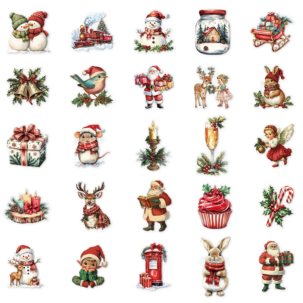 สติกเกอร์ลายการ์ตูนซานตาคลอสคริสต์มาสสไตล์วินเทจ 10/30/50 ชิ้น สติกเกอร์ใสลายเรโทรสำหรับตกแต่งสมุดภาพ โทรศัพท์ และกระเป๋าเดินทาง