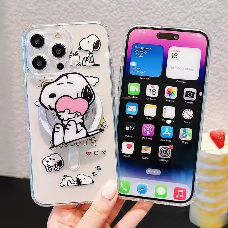 Magnetic Holder Magsafe Wireless Charge Snoopy Phone Case For Samsung Galaxy S24 Plus Ultra S23 S22 Utlra Plus S24+ Clear Casing