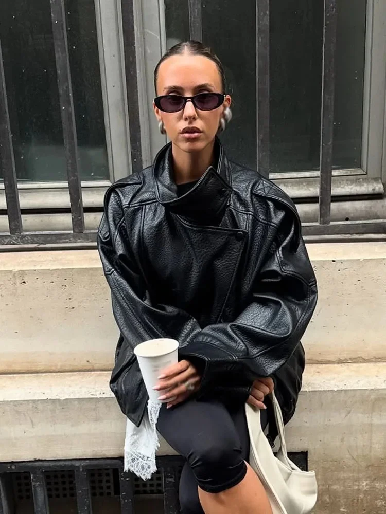 Women's Asymmetrical PU Leather Jackets Autumn Winter Female Chic Long Sleeved Lady Casual Polit Jacket Thicken Outwear