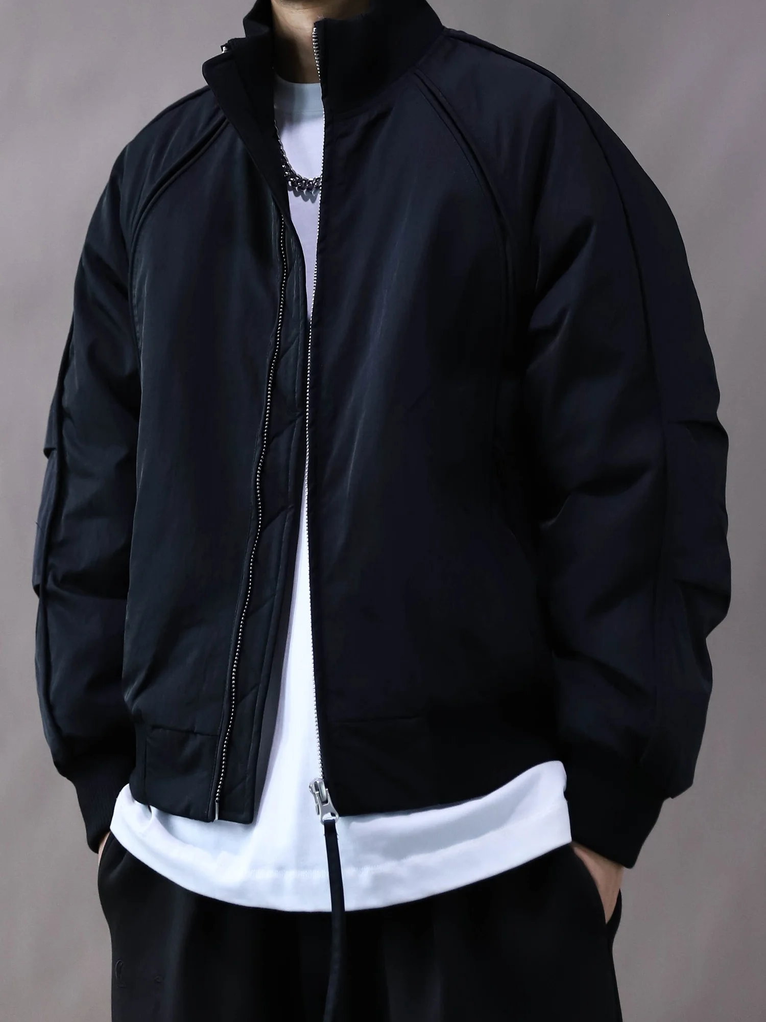 

Retro American ort Zipper down Jaet Men's Loose Fit Bla Durable Versatile Urban Casual Sle Du down Filled Coat