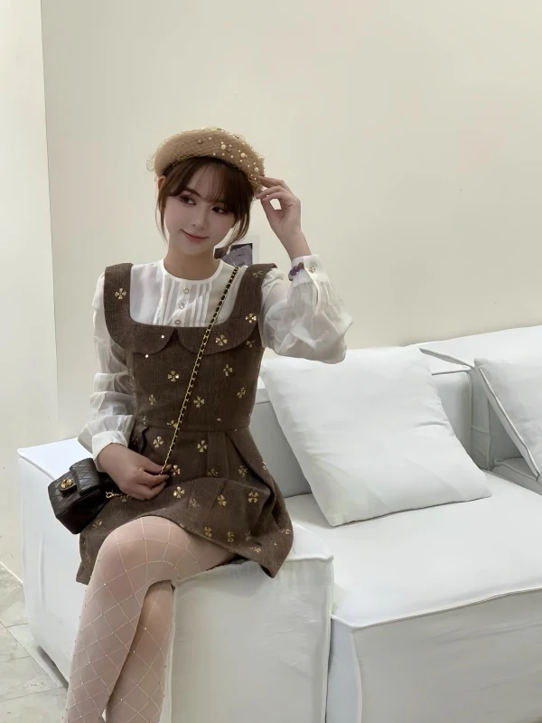 Rich Girl Sle Ele Long Sve Splice Dr Slimming ort A-Line Skirt Fake Two-Piece Design Waist-Cinching Faionable