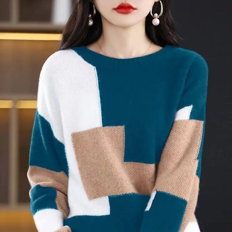 2023 Herbst und Winter minimalist isch locker sitzend Rundhals ausschnitt Plaid Farbe blockierende Wärme übergroßen modischen unteren Strick pullover