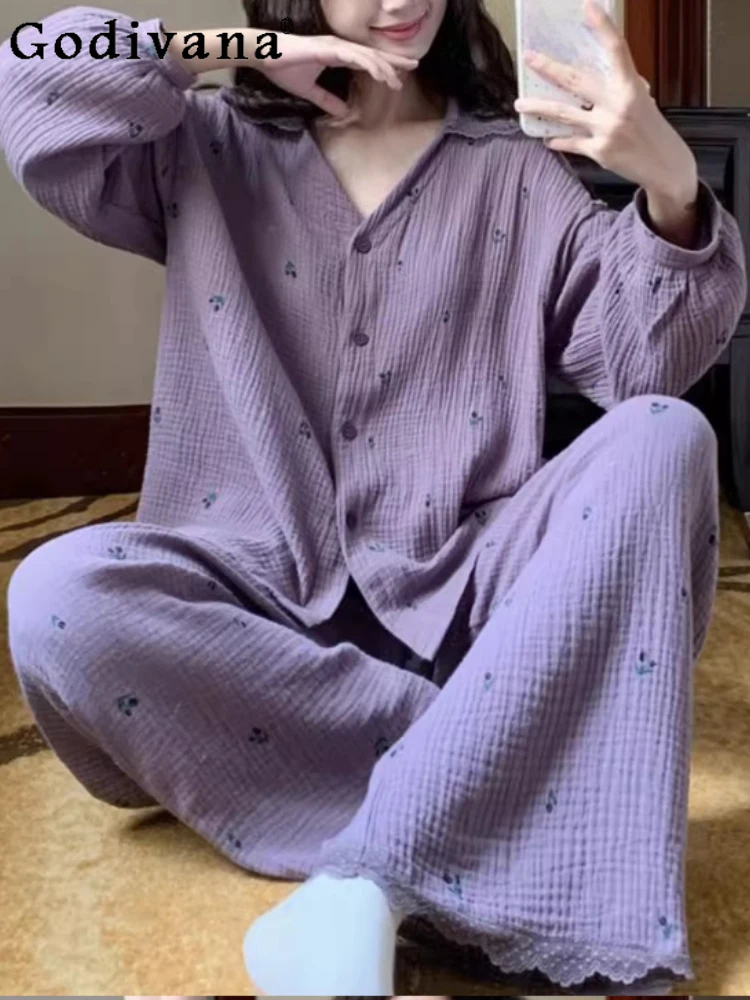 

Large Size Sweet French Cute Print Fashion Pajamas Women's Spring Autumn Long Sleeve Trousers Loose Leisure Loungewear Sets