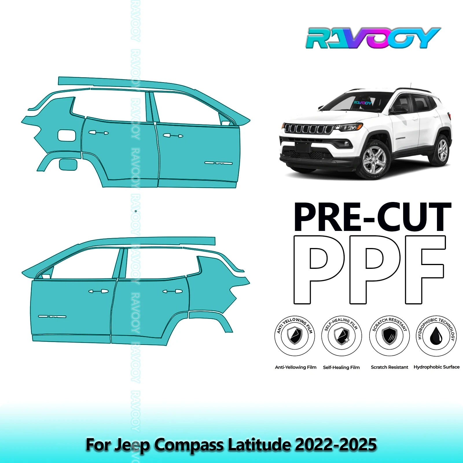 

For Jeep Compass Latitude 2022-2025 8.5mil Clear Matte Pre-Cut PPF Door & A/B Pillar Kit TPU Paint Protection Film Set