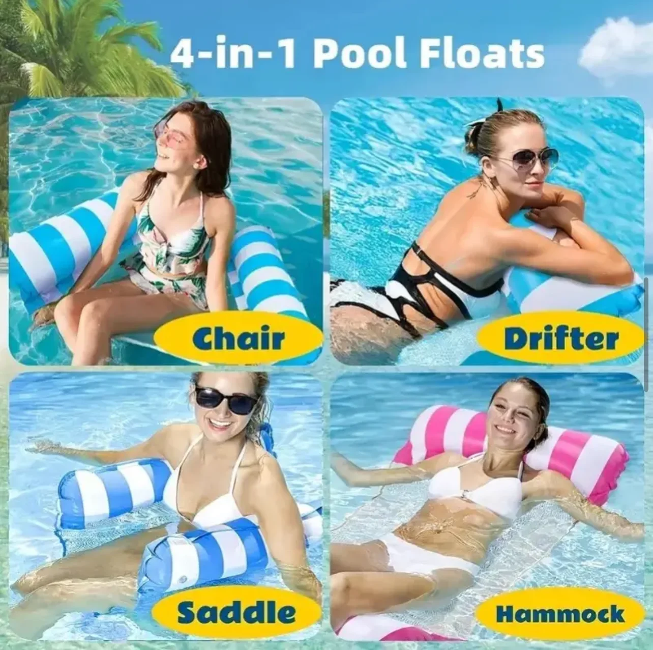 Rede de piscina dobrável, colchões infláveis, espreguiçadeiras, flutuador de festa, brinquedo esportivo aquático, WW