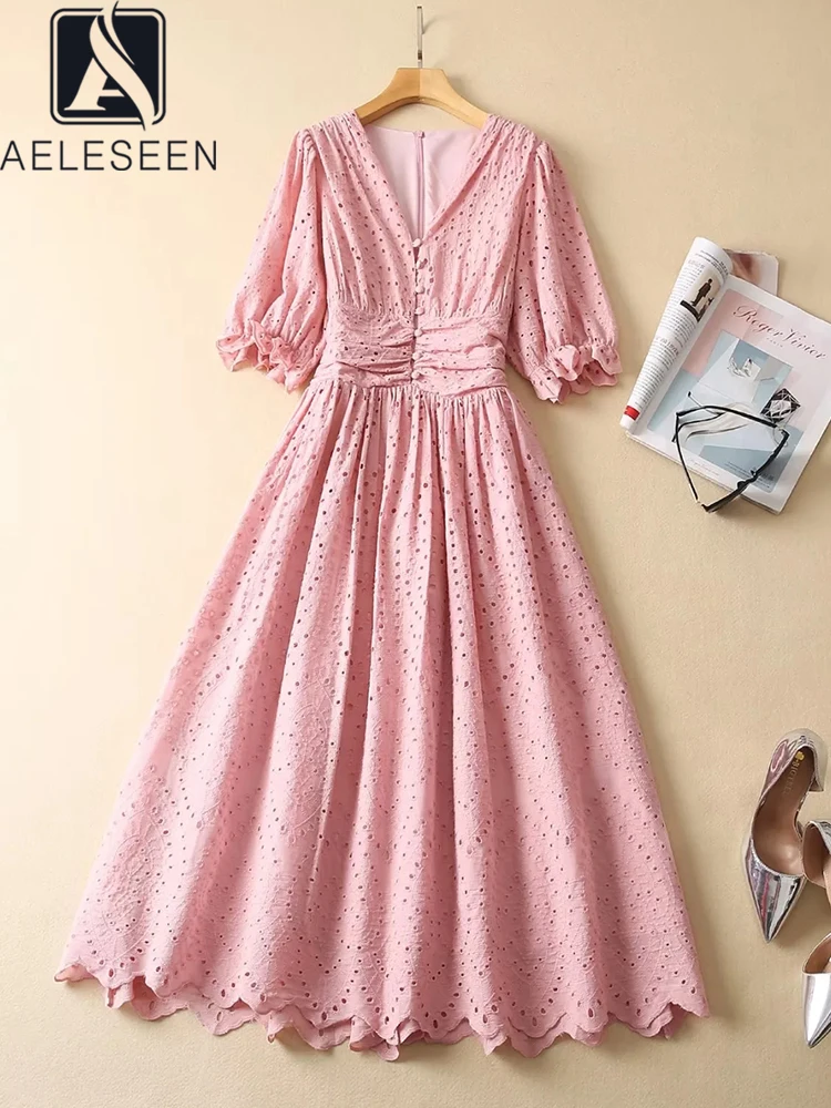 

AELESEEN Designer Fashion Women Dress Summer Pink V-Neck Hollow Out Lantern Sleeve Flower Embroidery Elegant Draped Long Party