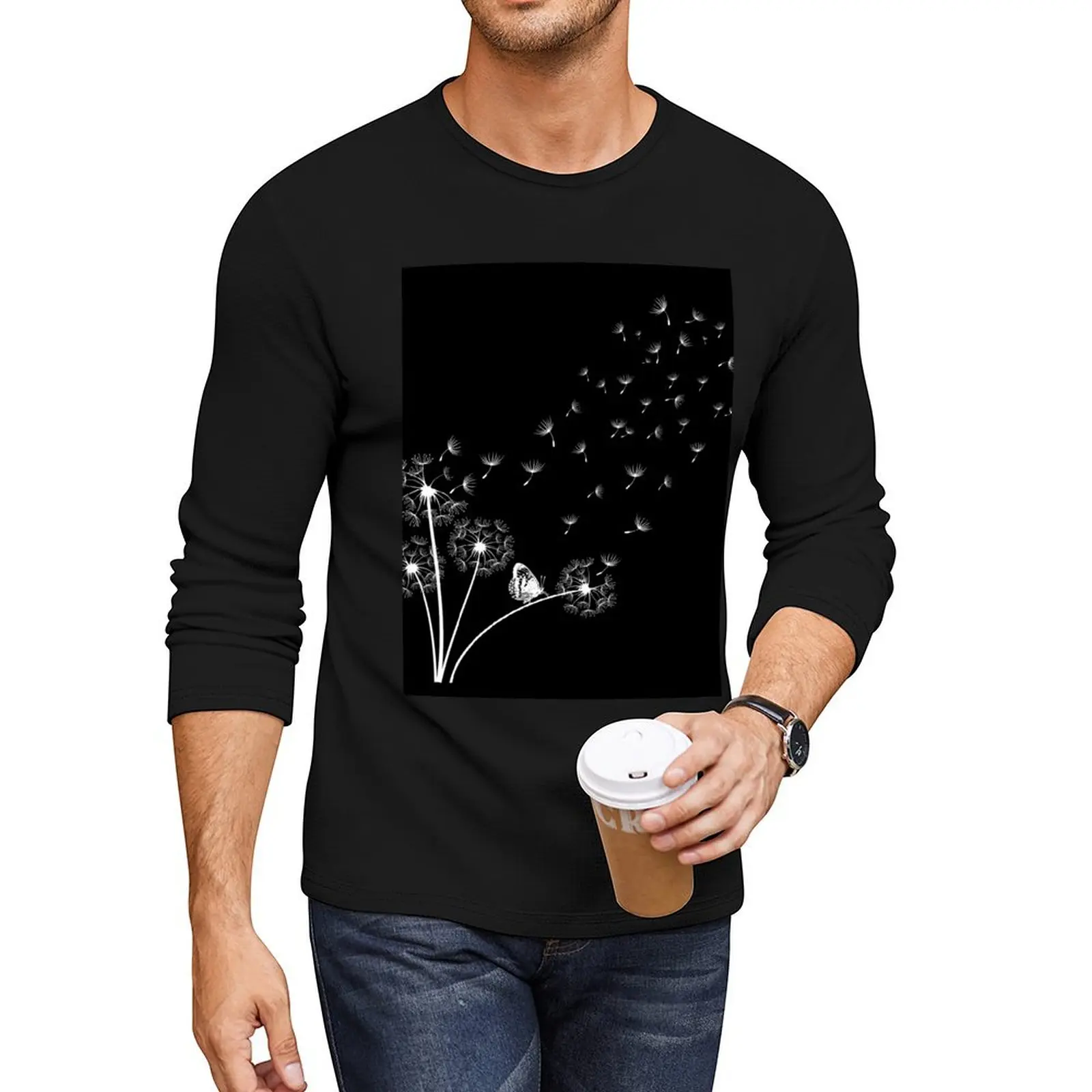 Dandelions and Butterfly Nature-Inspired Design, Botanical Art Long T-Shirt anime clothes mens t shirts casual stylish