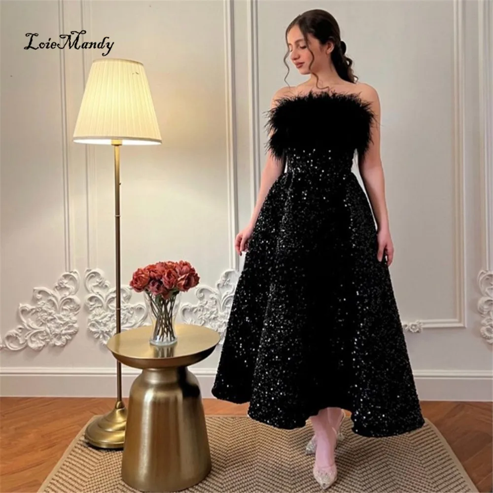 

Sparkling Black Sequins Cocktail Dresses Long Luxury Feathers Maxi Dinner Prom Party Gowns For Women Plus Size Vestidos de noche