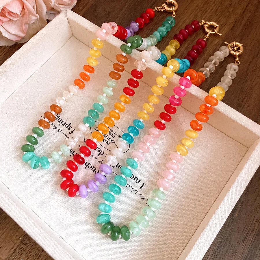Bohomia Handmade Rainbow Disc Beaded Choker Necklace Y2K Colorful Flat Round Bead Necklace Summer Beach Casual Layering Jewelry