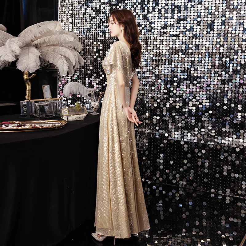 

Золотое вечернее платье для женщин: модное, роскошное, с пайетками, для выступлений, А-силуэт, бальное платье, элегантное, с завышенной талией, короткое