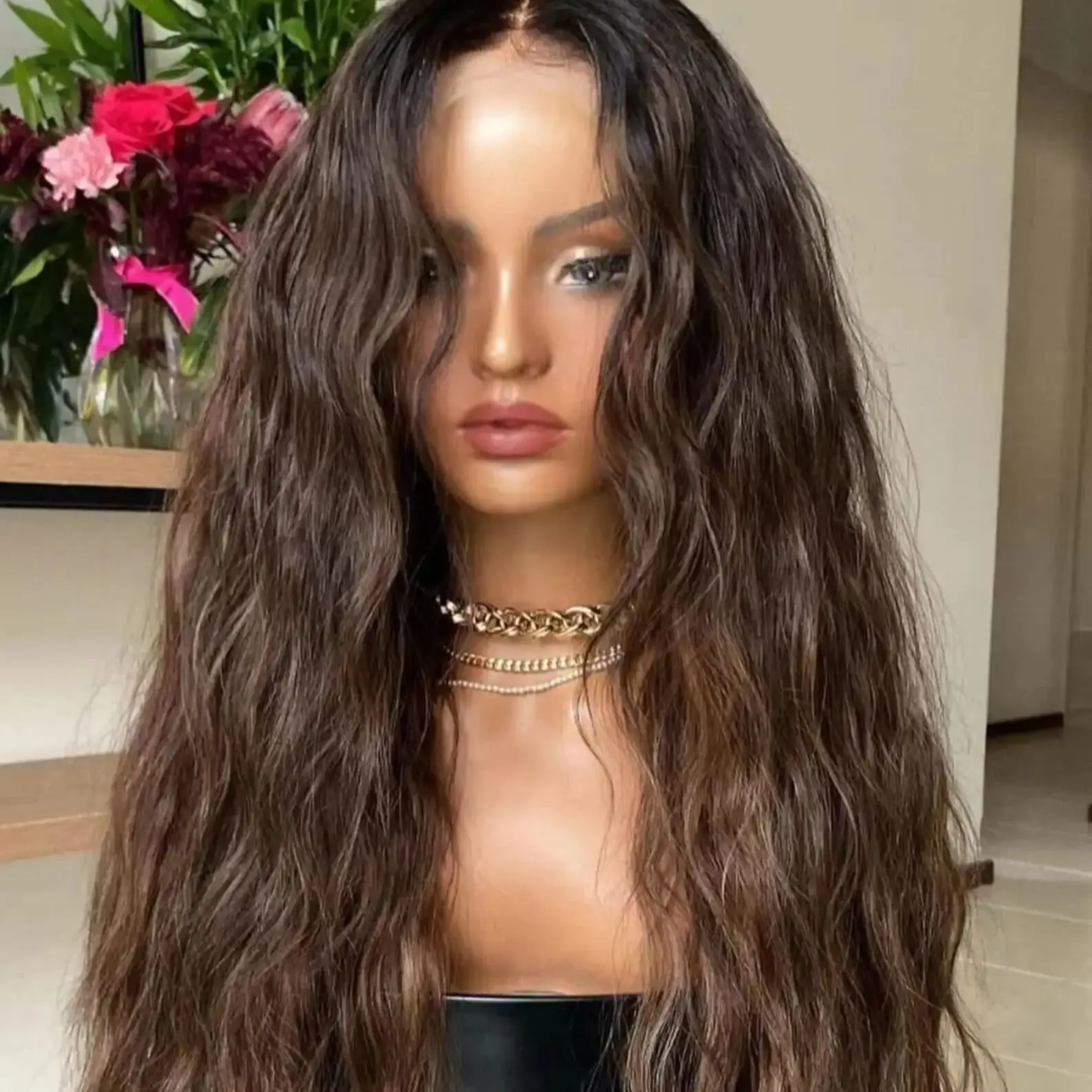 

Soft Glueless 26inch Long Brown 180Density Body Wave Lace 5x5 Silk Base Human Hair Wig For Women BabyHair Preplucked Daily