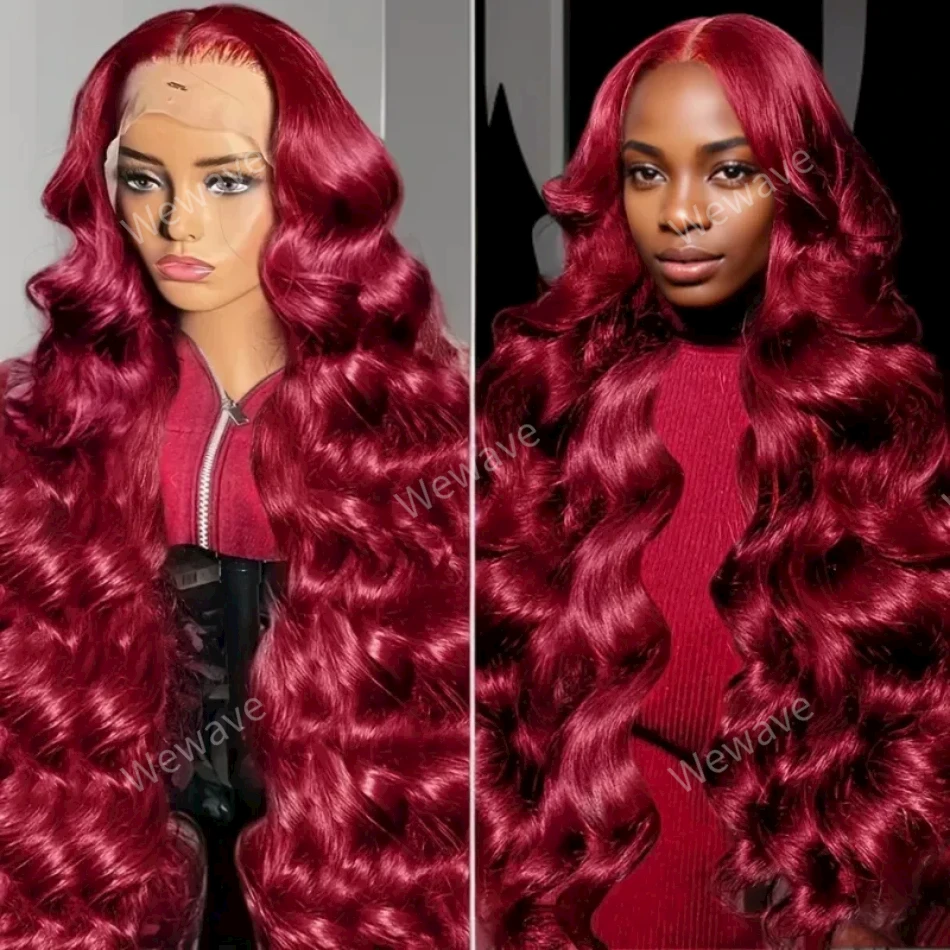 Wig Burgundy Body Wave 13x6 Lace Frontal Wig Brazilian transparan 13x4 Wig rambut manusia Remy depan 100% warna untuk pilihan wanita