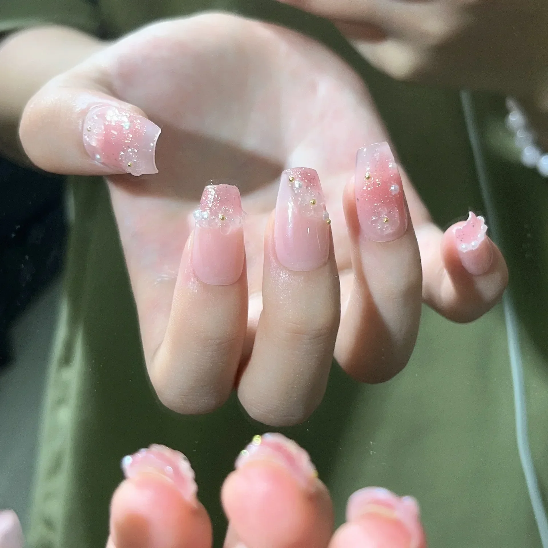 10pcs Blush Ice Transparent gradient pink 3D flower press on nails short acrylic fake handmade ballet false nails tips with glue