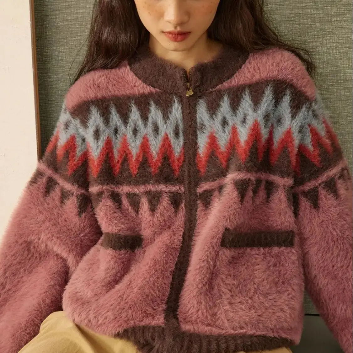 Knitted Cardigan Diamond Pattern Round Neck Thickened Sweet Girl College Style Loose Sweater Jacket Winter And Autumn Top