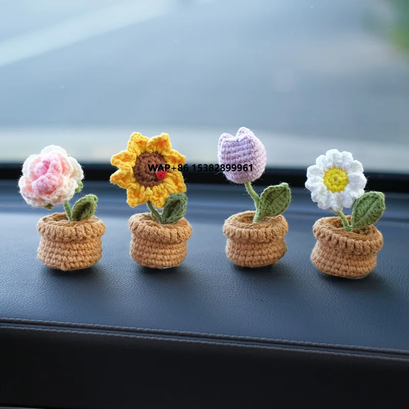

Mini Crochet Potted Crochet Sunflower Ornaments High Potted Car Interior Center Console Decor