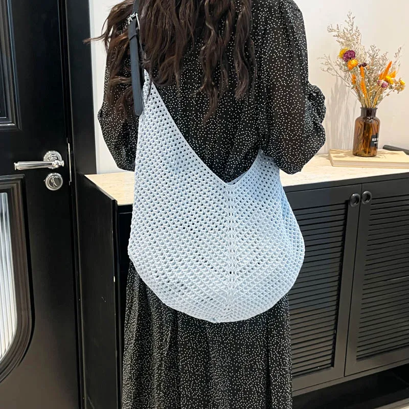 

Summer and Autumn Pure Color Knitted Knitted Single Shoulder Mesh Bag Beach Travel Large Capacity Bag for Women
