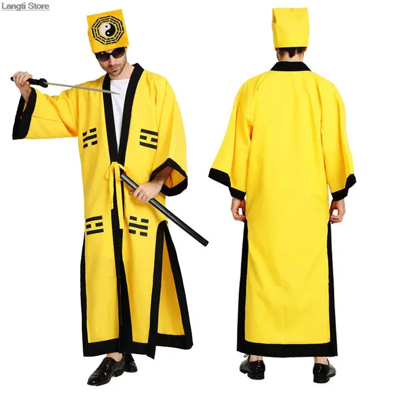 Traditional Chinese Taoist Robes Adults Priest Costumes Ancient Costume Martial Arts Clothes Taoism Gown Uniforms With Whisk Hat