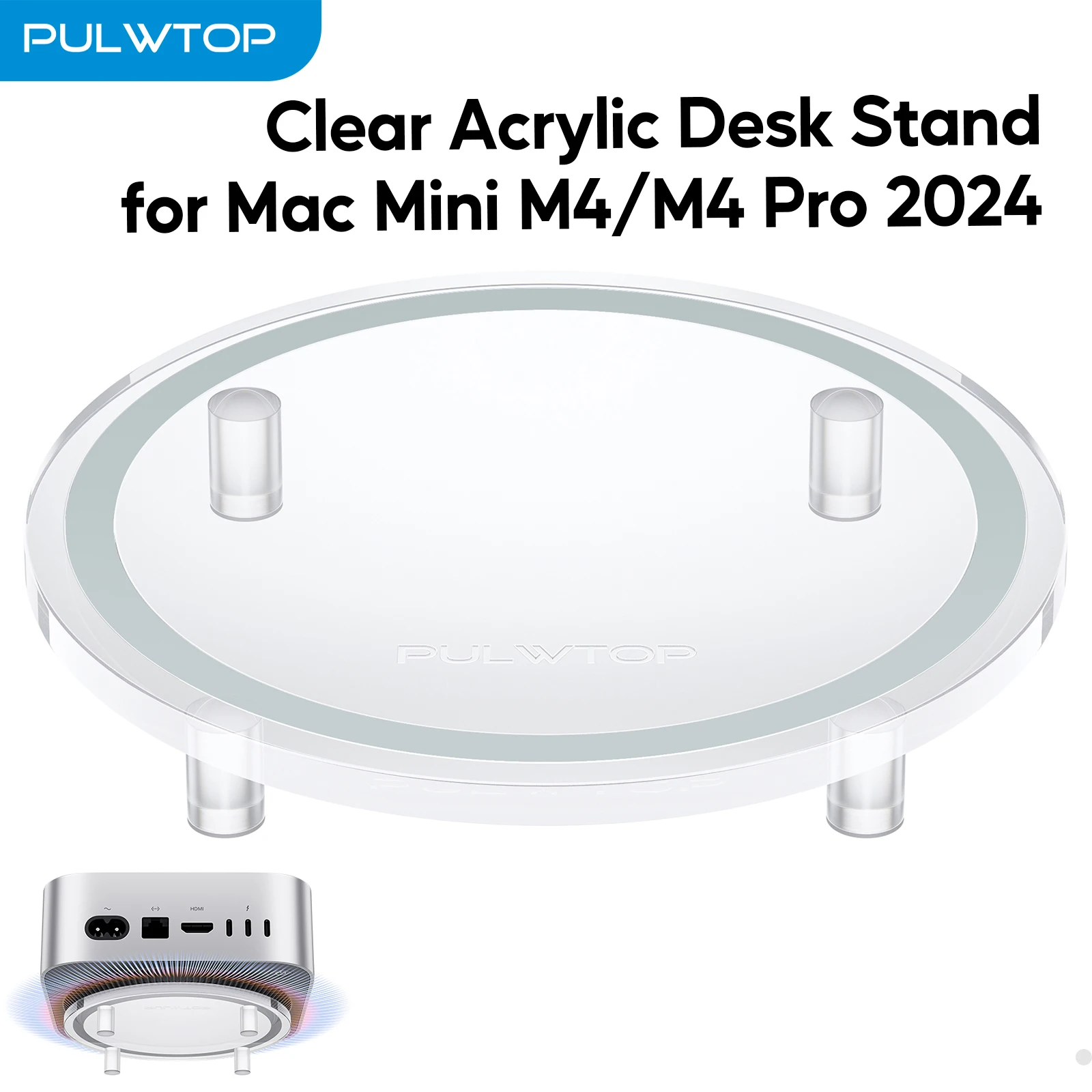 PULWTOP Clear Acrylic Desk Stand for Mac Mini M4/M4 Pro 2024, Minimalist M4 Holder with Easy Power Button Access